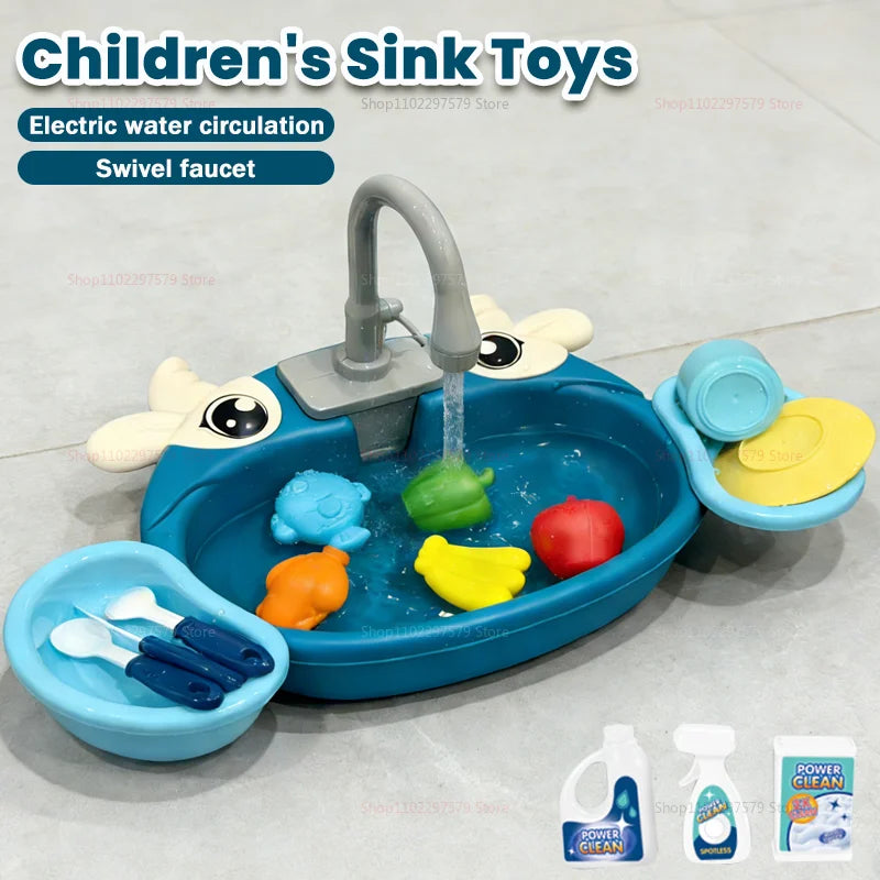 Children Play House Set Kitchen Simulated Dishwasher Sink Hand Basin Electric Circulating Water Toy for Boy and Girls Role Play