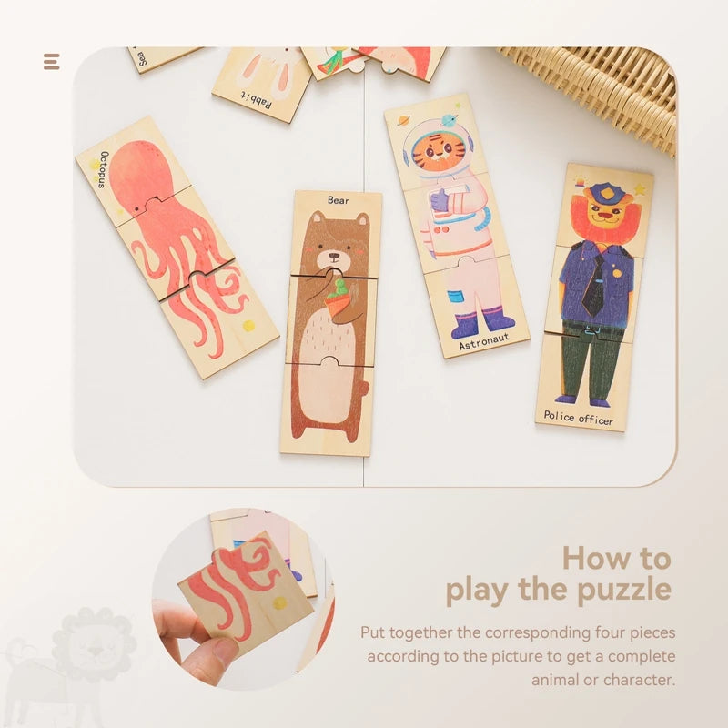 Educational Montessori Toys For Babies Wooden Cartoon Animal Puzzle Series Baby Animal Cognition Game Hand And Foot Exercise Toy